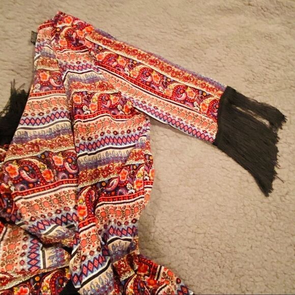 Love Tease Fringe Boho Kimono Cardigan Size Large - Picture 9 of 13